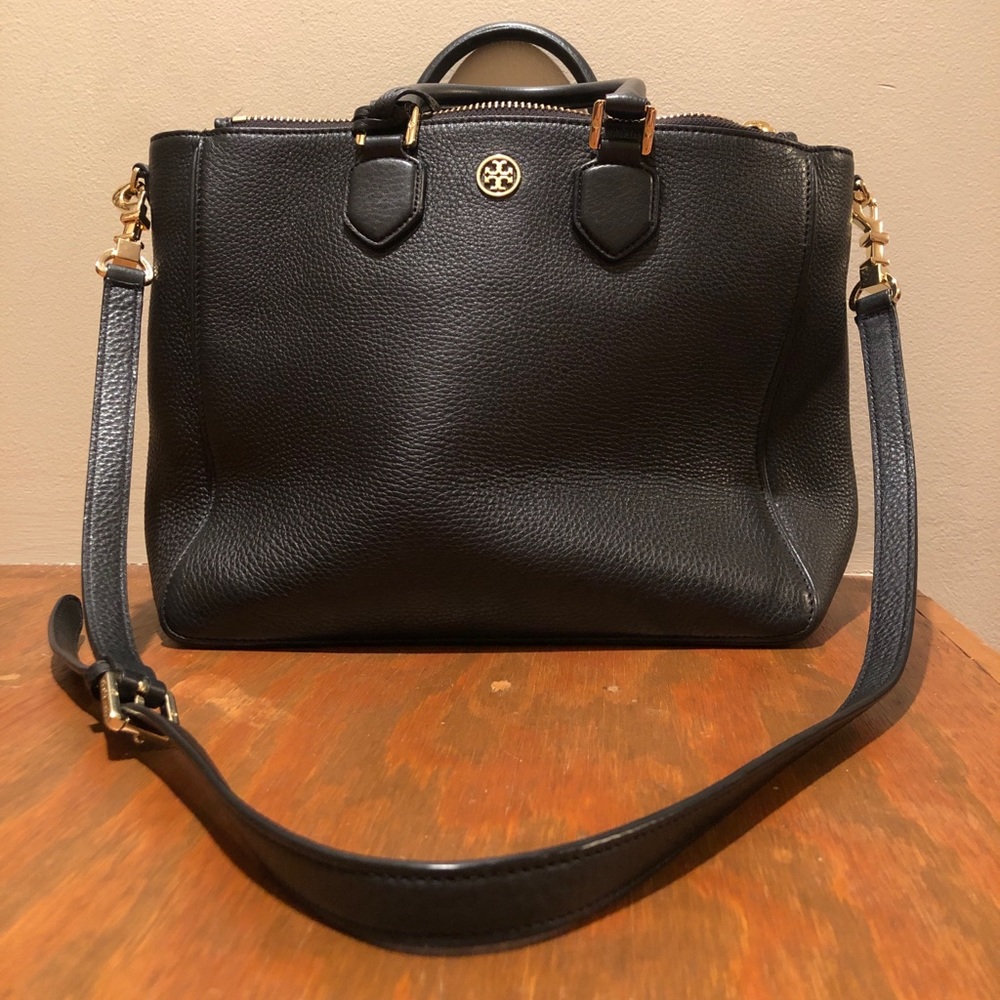 Tory Burch purse black pockets long strap